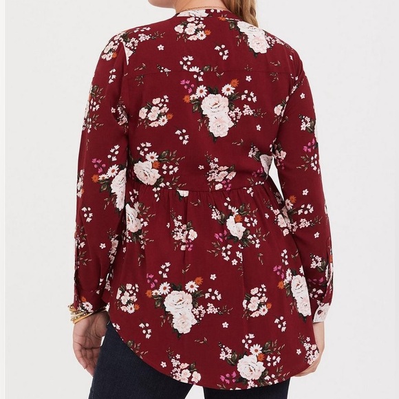 Torrid | Emma Babydoll Burgundy Floral Button-Front Tunic - Picture 2 of 12